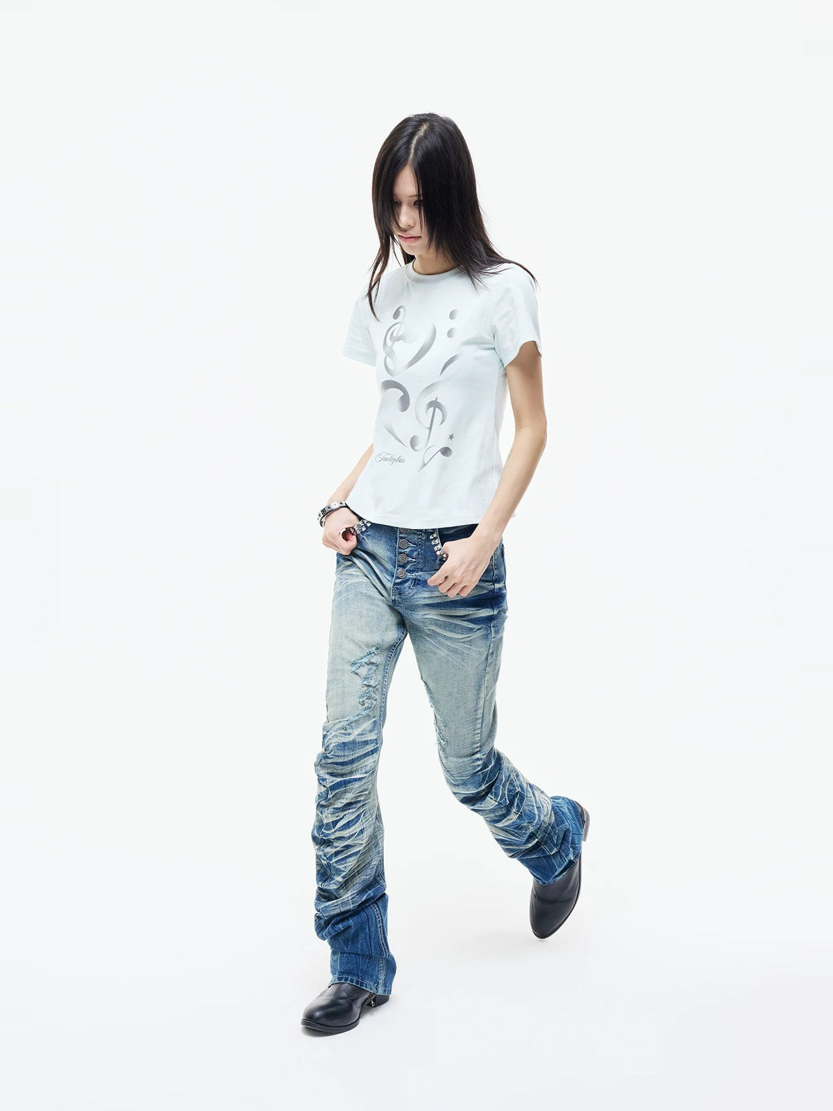 Cracked Wash Whiskered Stacked Saber Fit Jeans - Black button fly and stacked hem details