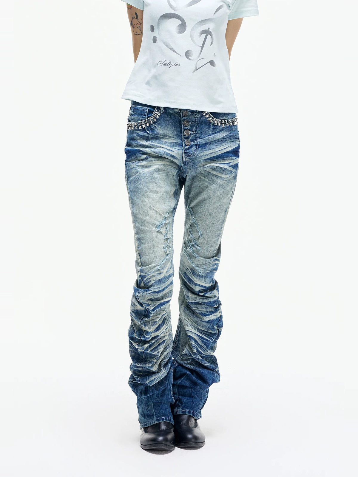 Lightinus Studded Cracked Wash Stacked Saber Jeans - Ice Blue front detail