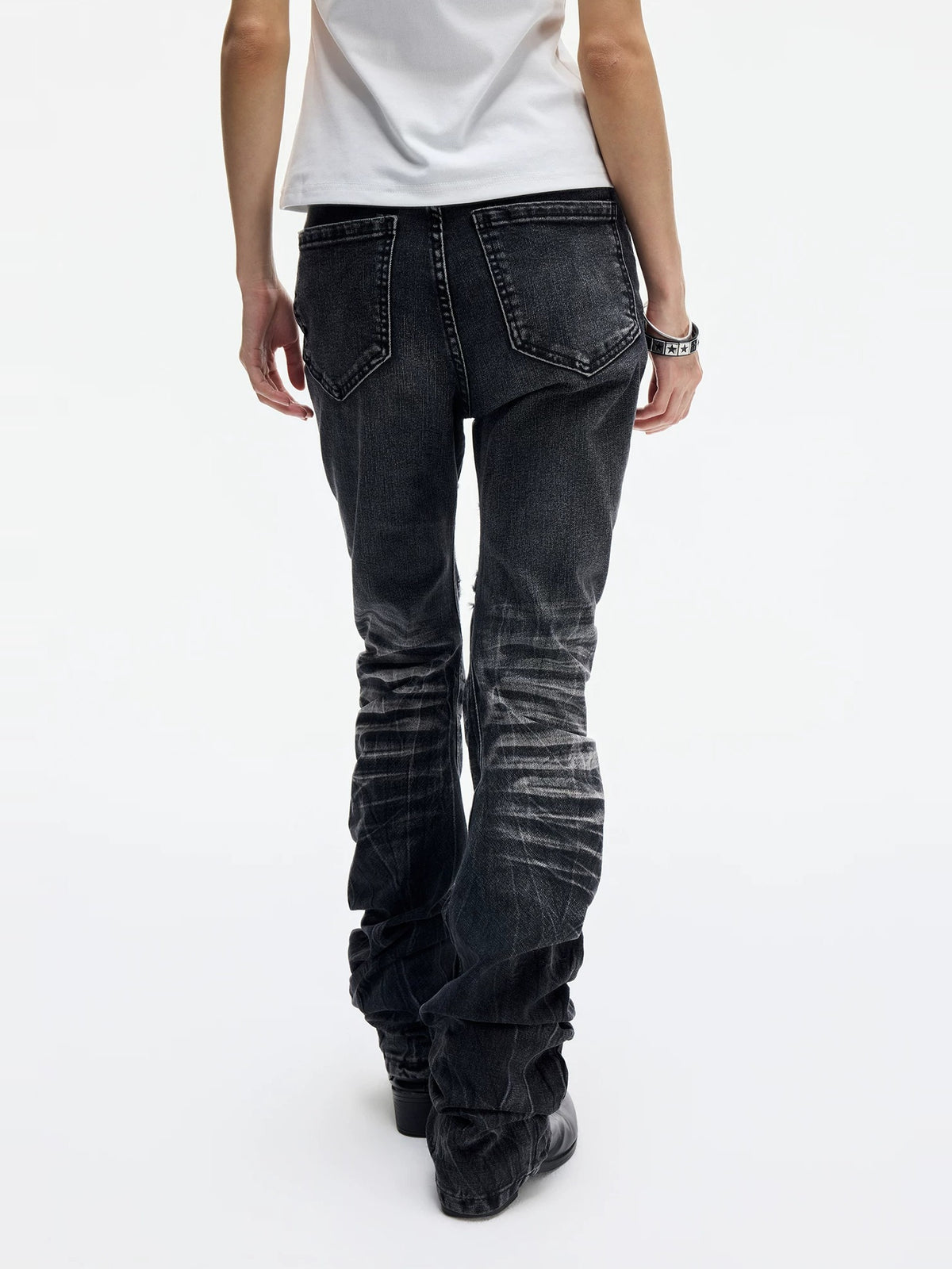 Lightinus Studded Cracked Wash Stacked Saber Jeans - Black back