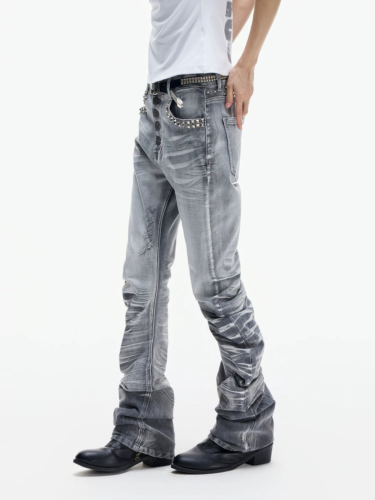 Lightinus Studded Cracked Wash Stacked Saber Jeans - Smoke Gray side