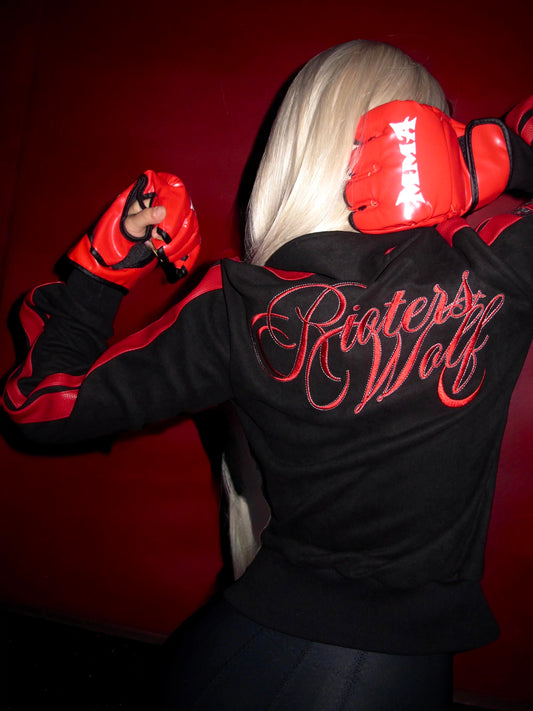 Black Red Patchwork Blood Wolf Suede Jacket