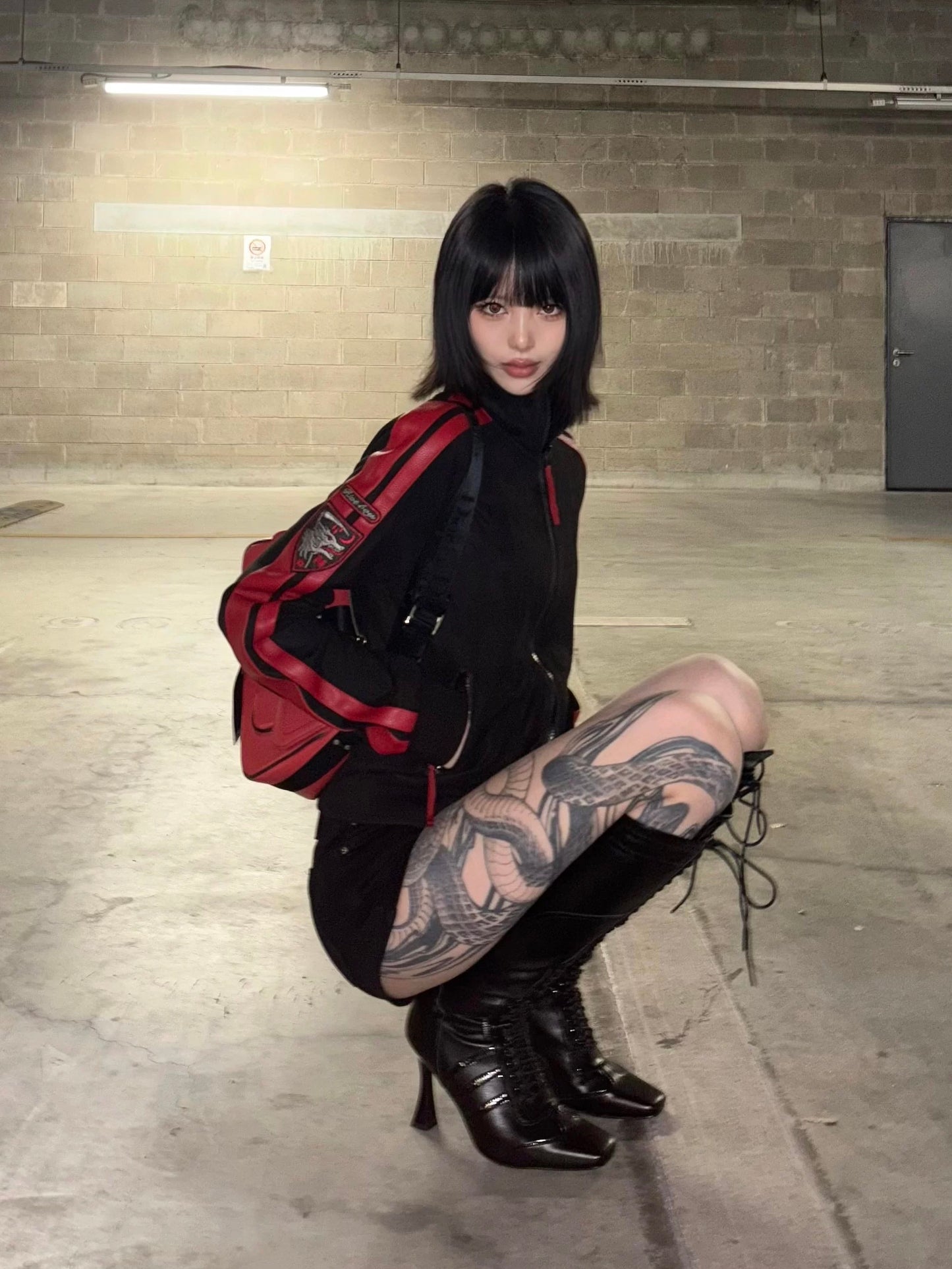 Black Red Patchwork Blood Wolf Suede Jacket