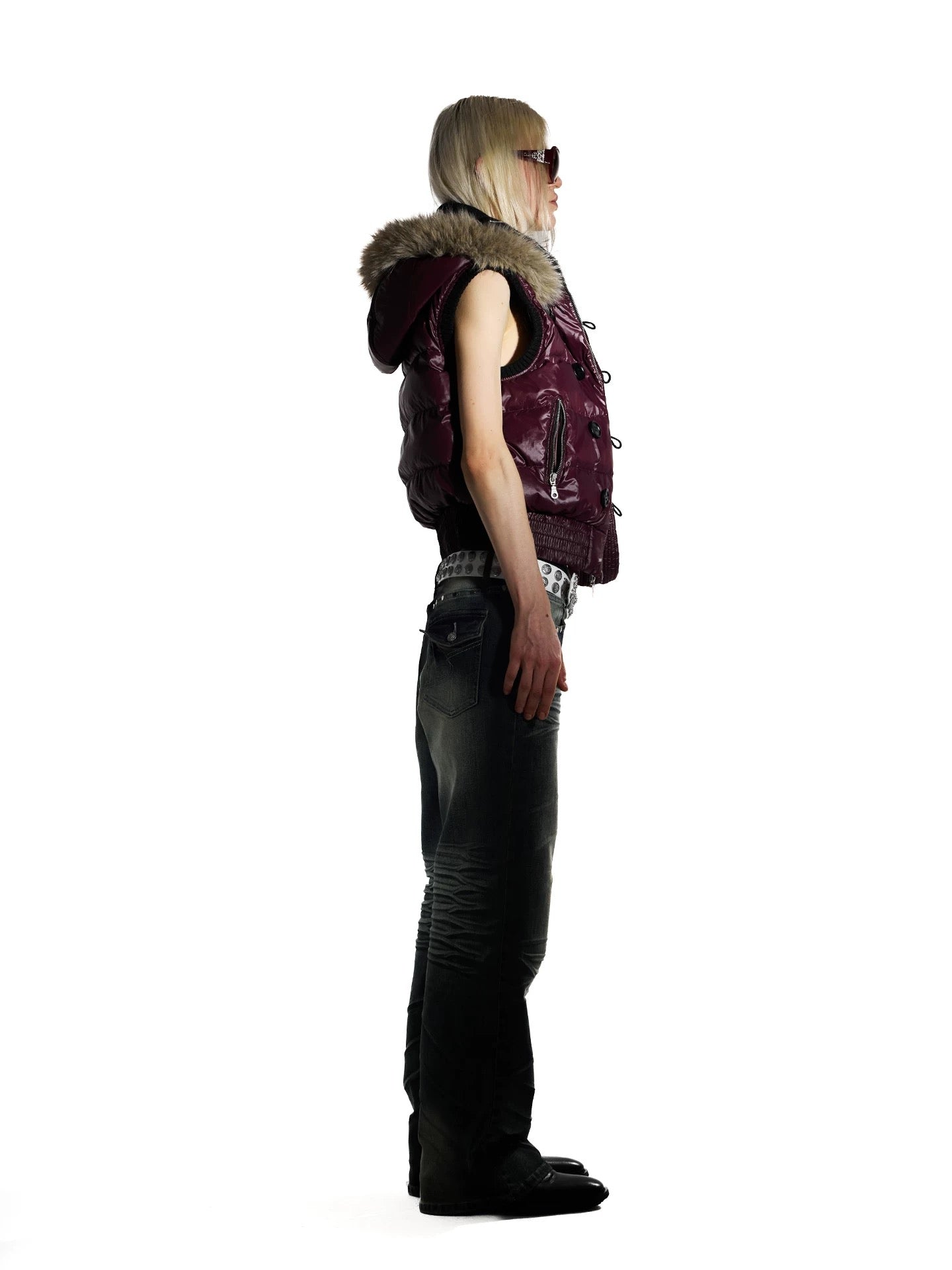 Night Lab 2026 Y2K Purple Fur Collar Puffer Vest - Oversized Vintage Duck Down Gilet