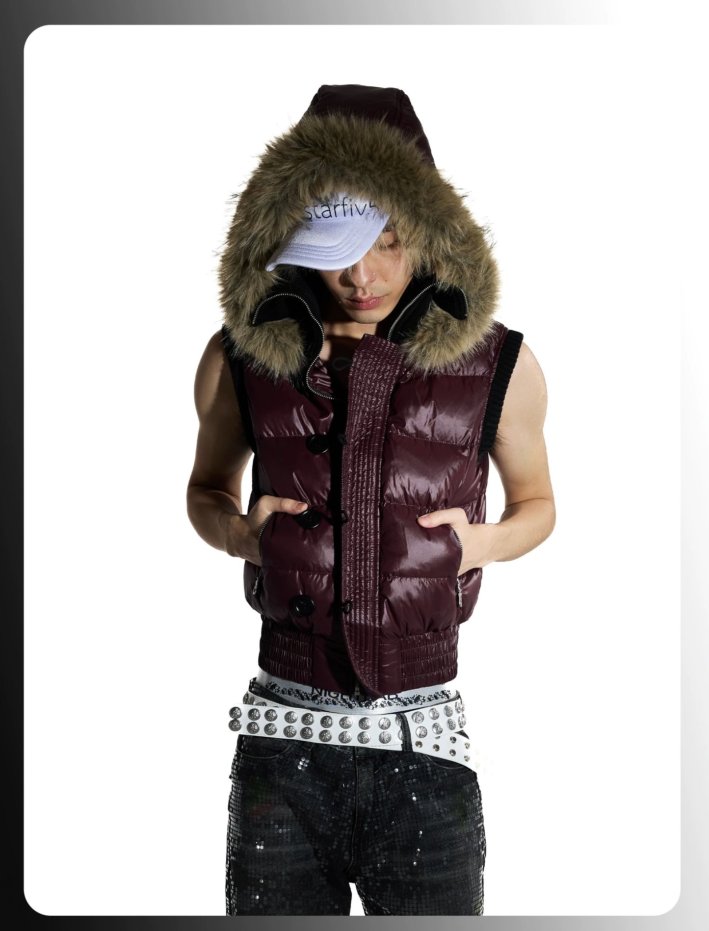 Night Lab 2026 Y2K Purple Fur Collar Puffer Vest - Oversized Vintage Duck Down Gilet