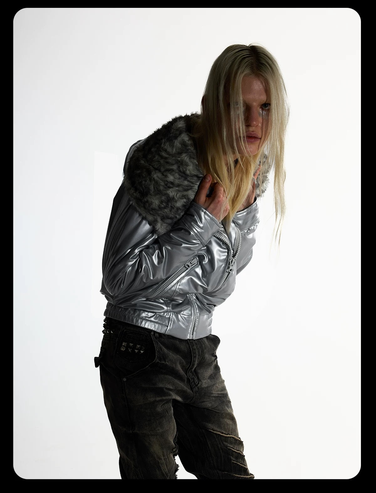 Metallic Silver "Devil" Bomber - Visual Kei High Collar Padded Jacket