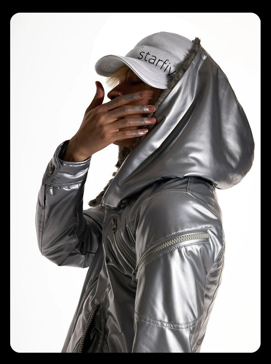 Metallic Silver "Devil" Bomber - Visual Kei High Collar Padded Jacket