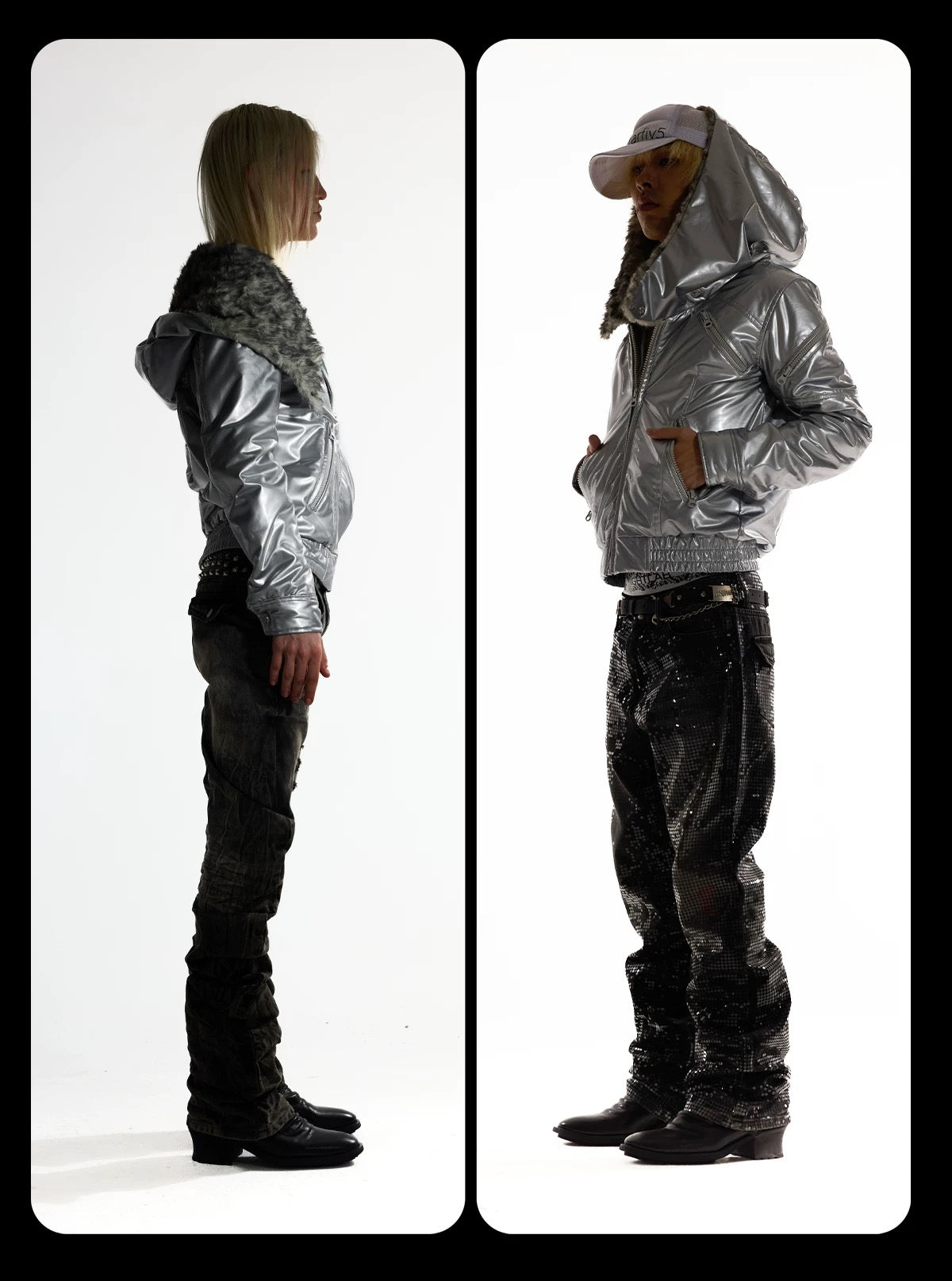 Metallic Silver "Devil" Bomber - Visual Kei High Collar Padded Jacket