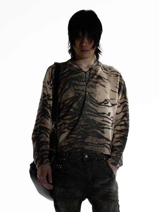 Night Lab Y2K Mixed Animal Print Henley Sweater - Retro 2000s Cropped Boxy Knitwear