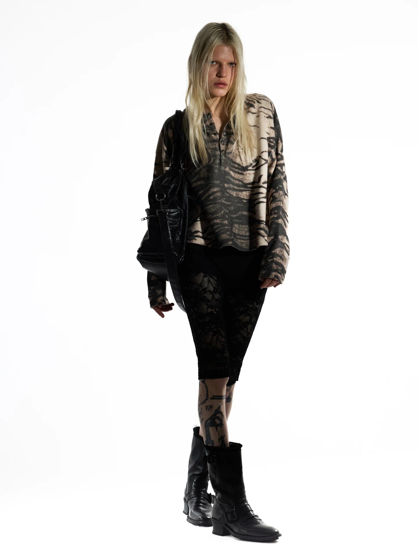 Night Lab Y2K Mixed Animal Print Henley Sweater - Retro 2000s Cropped Boxy Knitwear