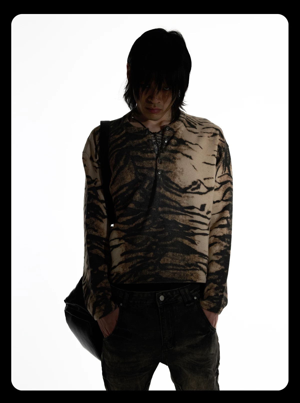 Night Lab Y2K Mixed Animal Print Henley Sweater - Retro 2000s Cropped Boxy Knitwear