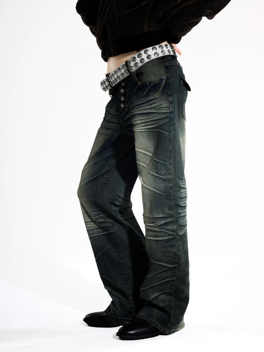 Ripple Wash Studded Jeans - Yellow-Green Contrast Whiskering Baggy Denim