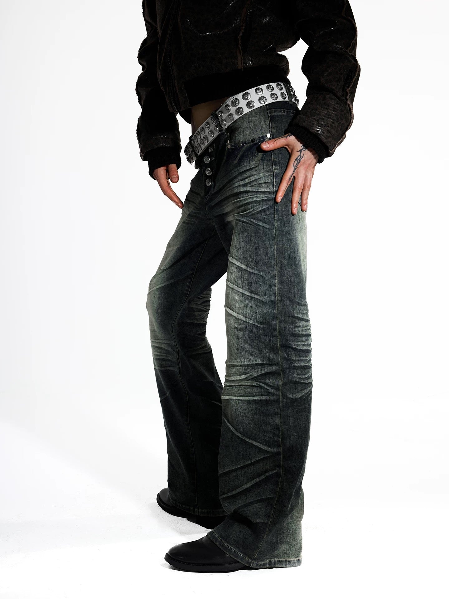 Ripple Wash Studded Jeans - Yellow-Green Contrast Whiskering Baggy Denim