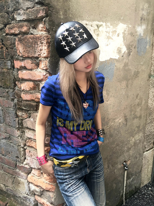 noE "MUSIC DRUG" Slogan Striped Tee - Vibrant Rhinestone Graphic Slim T-Shirt