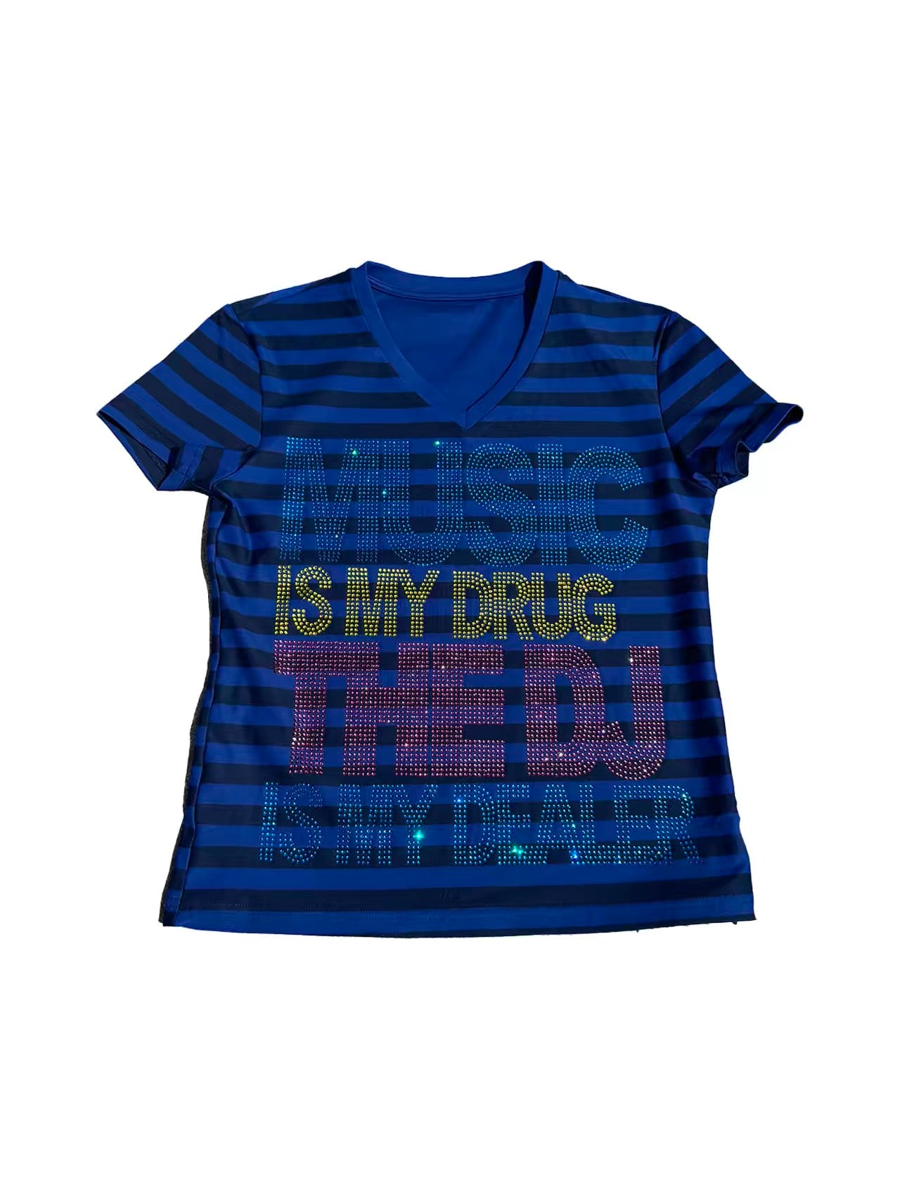 noE「MUSIC DRUG」スローガン ストライプTシャツ - 鮮やかなラインストーンのグラフィック スリムTシャツ