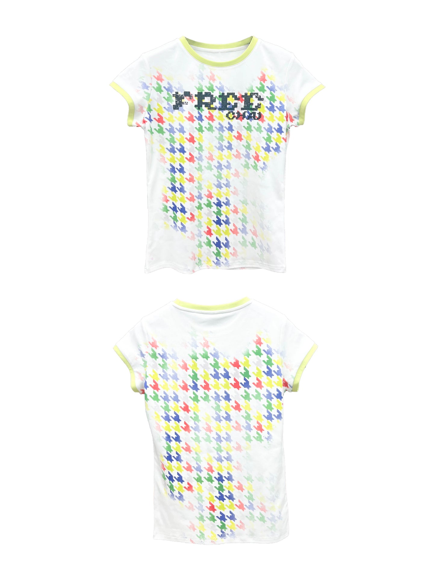 CHAI SS26 「フリー」千鳥格子スパンコールTシャツ - デコンストラクテッド コントラスト刺繍シャツ
