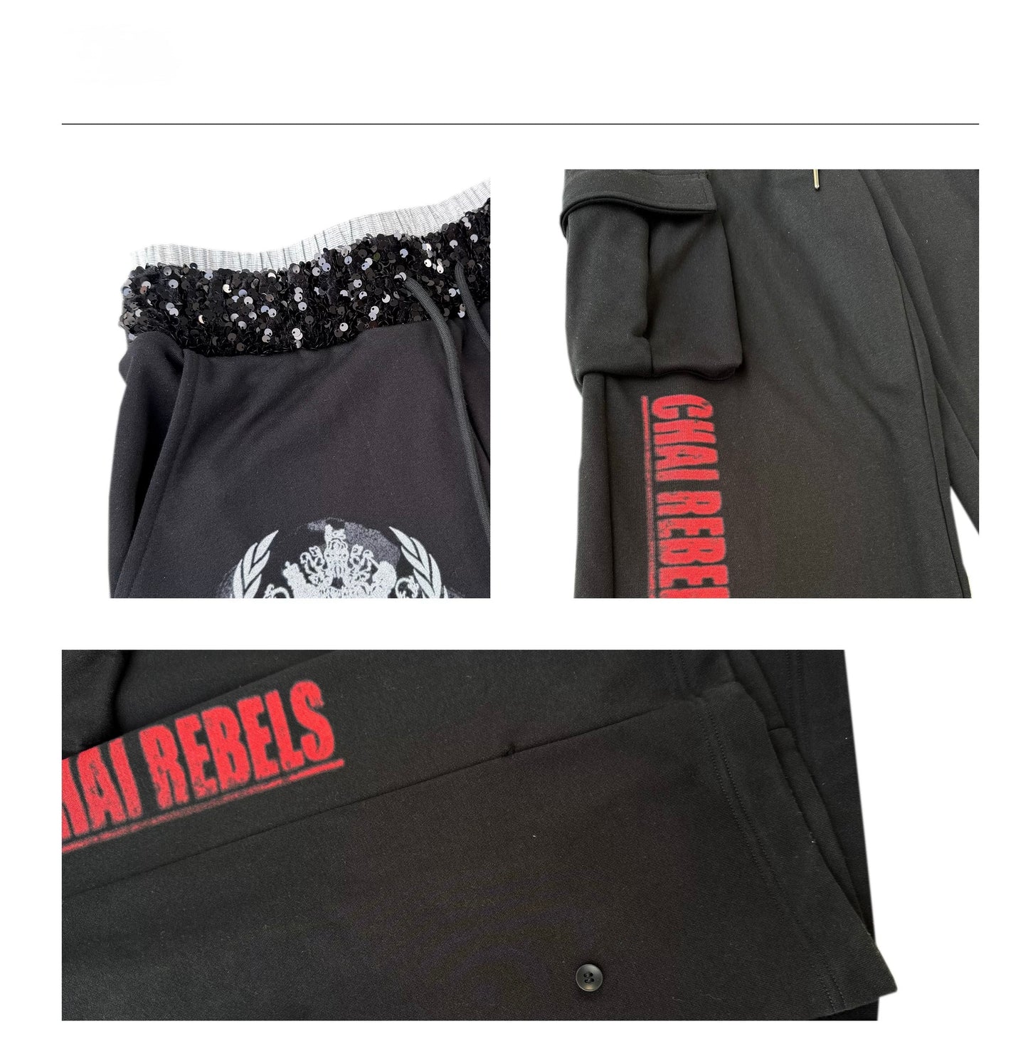 CHAI SS26 ヘラルディックプリント カーゴスウェットパンツ - スパンコールウエスト マルチポケットジョガー