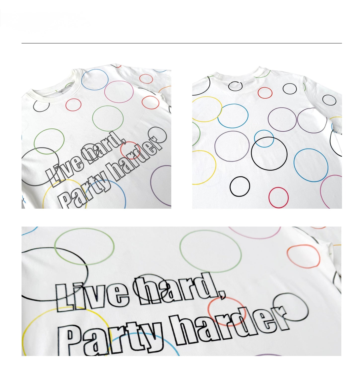 CHAI SS26 「Party Harder」スローガンTシャツ - カラフルサイケデリック渦巻スリムベビーTシャツ