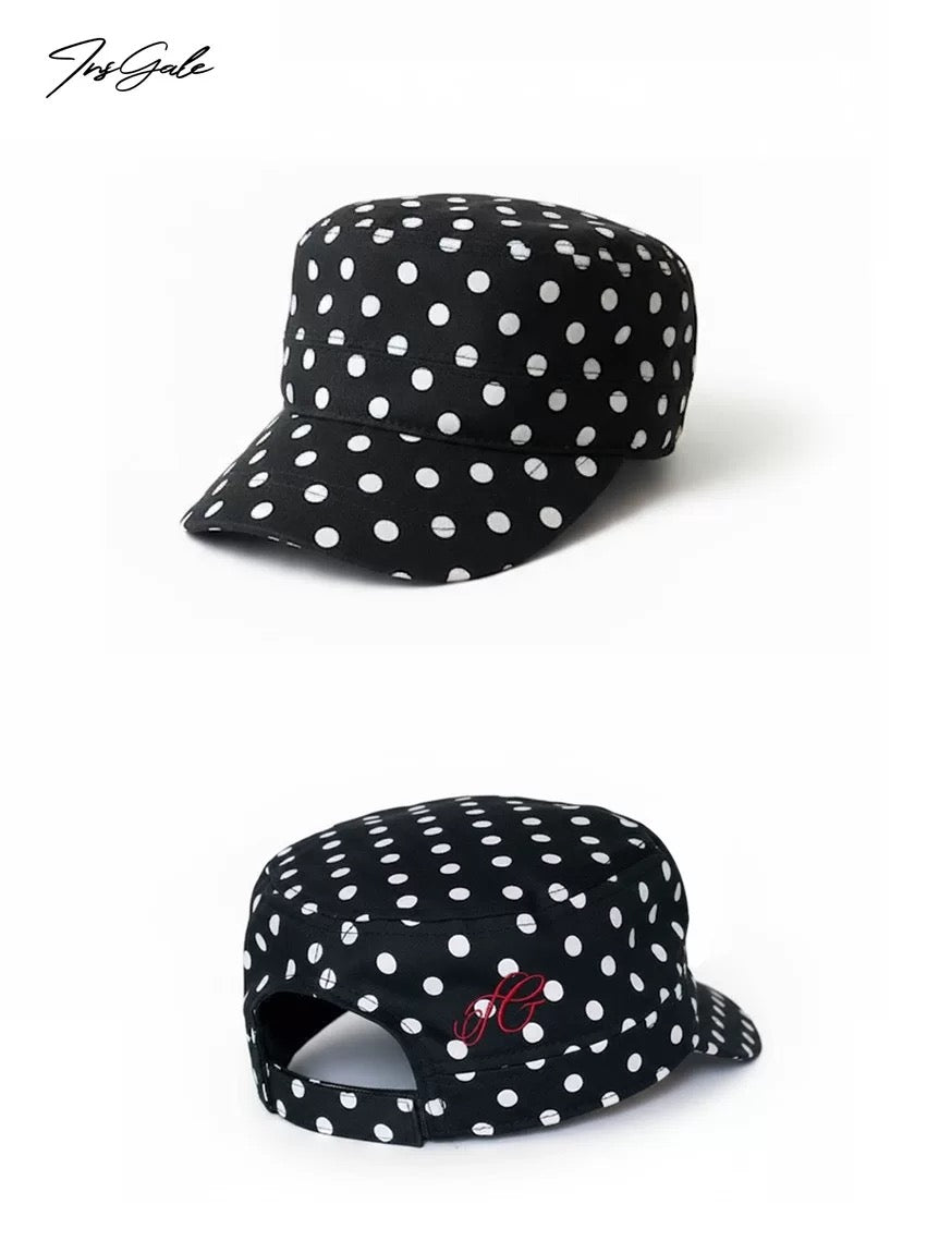 InsGale Retro Polka Dot Flat-Top Cap - Embroidered Curved Peak Baseball Hat