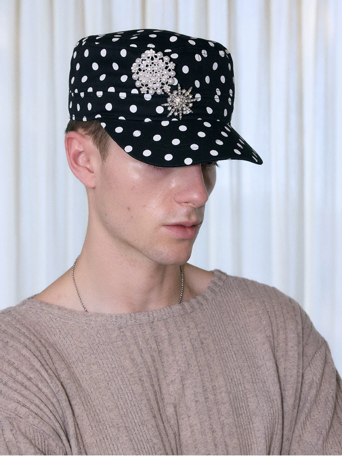InsGale Retro Polka Dot Flat-Top Cap - Embroidered Curved Peak Baseball Hat
