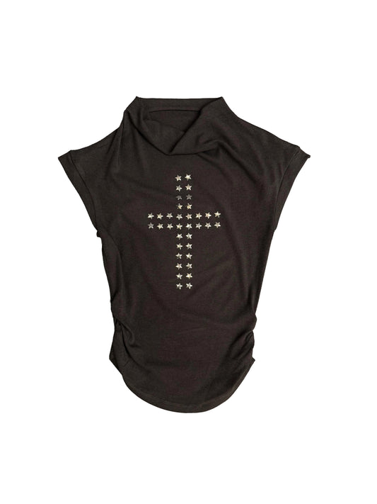 TheNewYouthPark Cowl Neck Star & Cross Top - Rhinestone Slimming Ash Grey Shirt