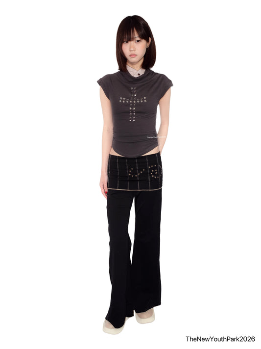 TheNewYouthPark Cowl Neck Star & Cross Top - Rhinestone Slimming Ash Grey Shirt