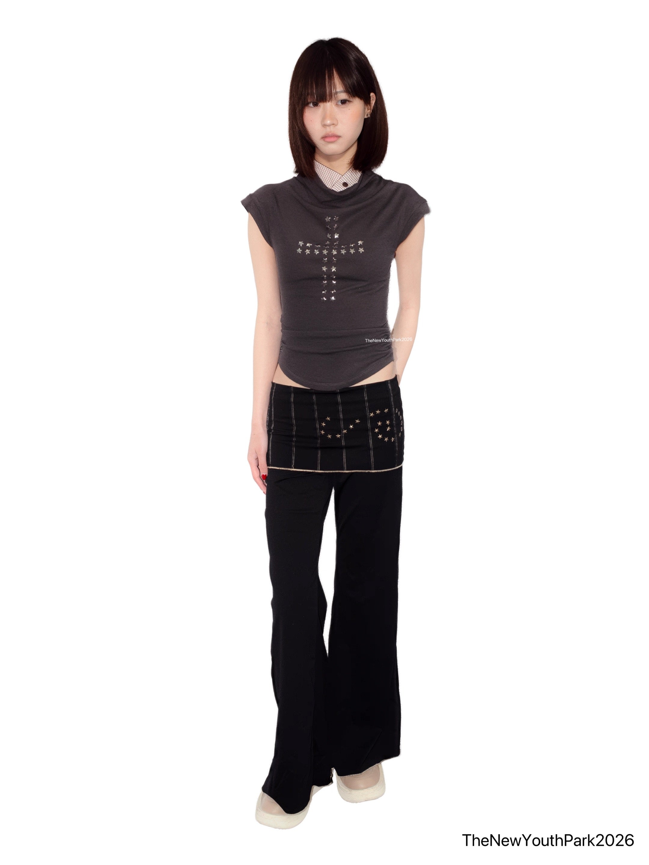 TheNewYouthPark Star Swirl Stretchy Flare Pants - Y2K Slim Flare Trousers