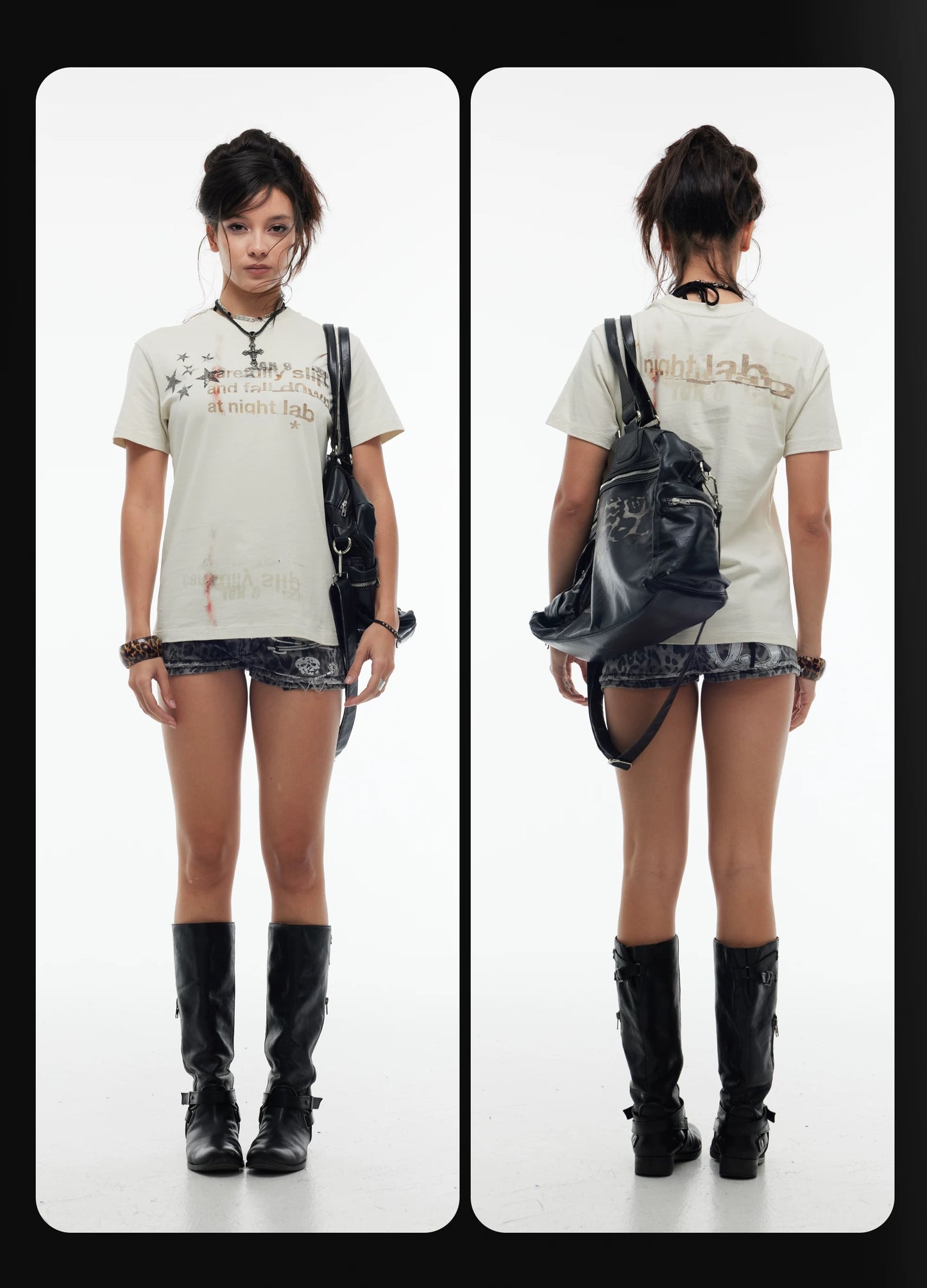 ディストーションスター ホワイトプリント アプリコット Tシャツ
