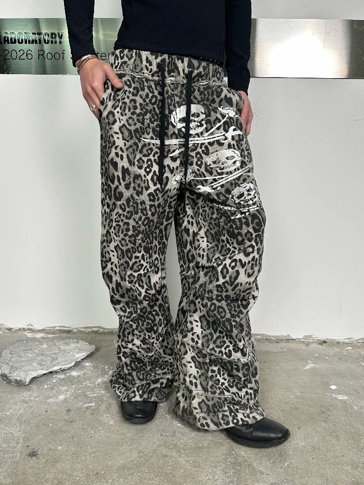 ユニセックス ヒョウ柄 プリーツ カーゴパンツ