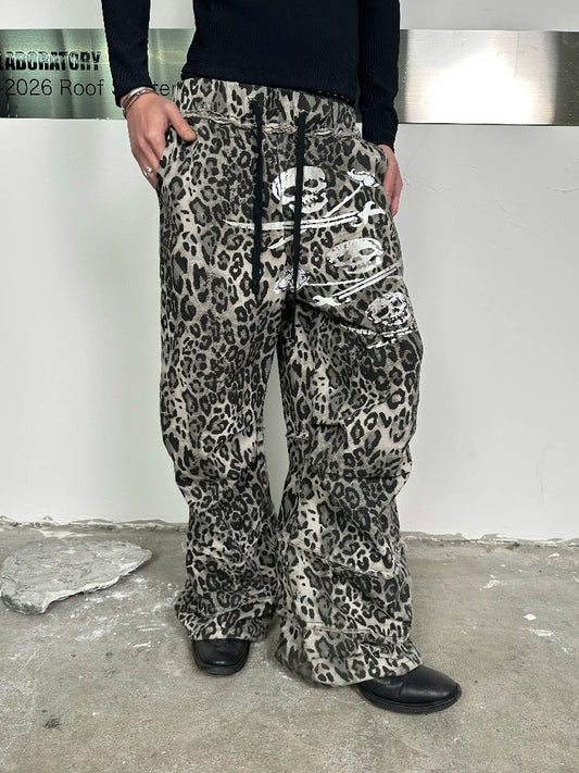 ユニセックス ヒョウ柄 プリーツ カーゴパンツ