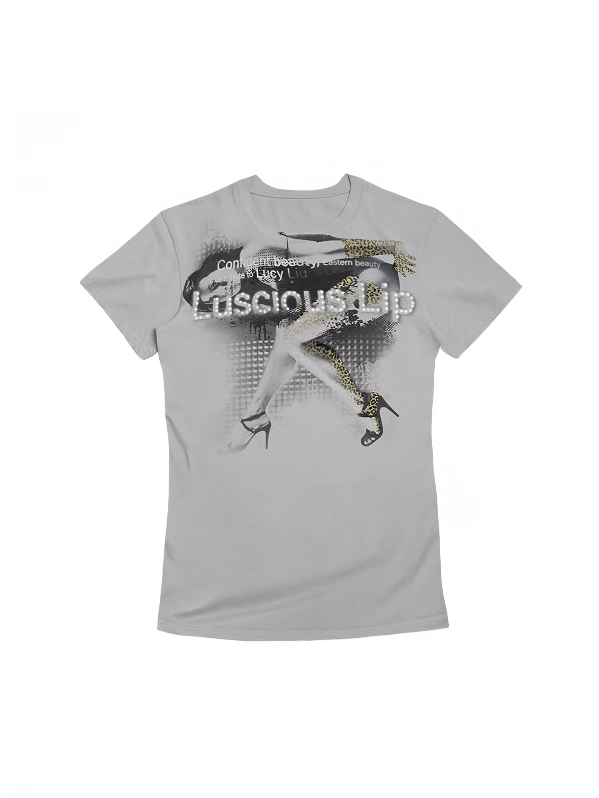 Night Lab 2026 "Lucy" Portrait Baby Tee - Y2K Slim Fit Ash Grey Graphic Top
