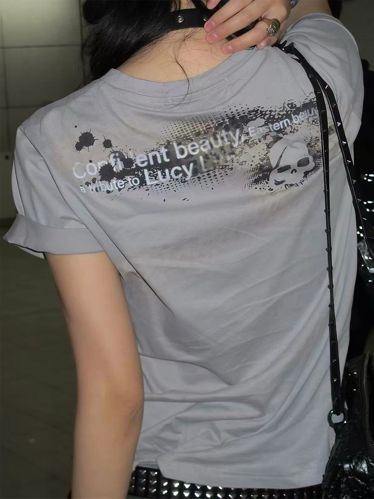Night Lab 2026 "Lucy" Portrait Baby Tee - Y2K Slim Fit Ash Grey Graphic Top