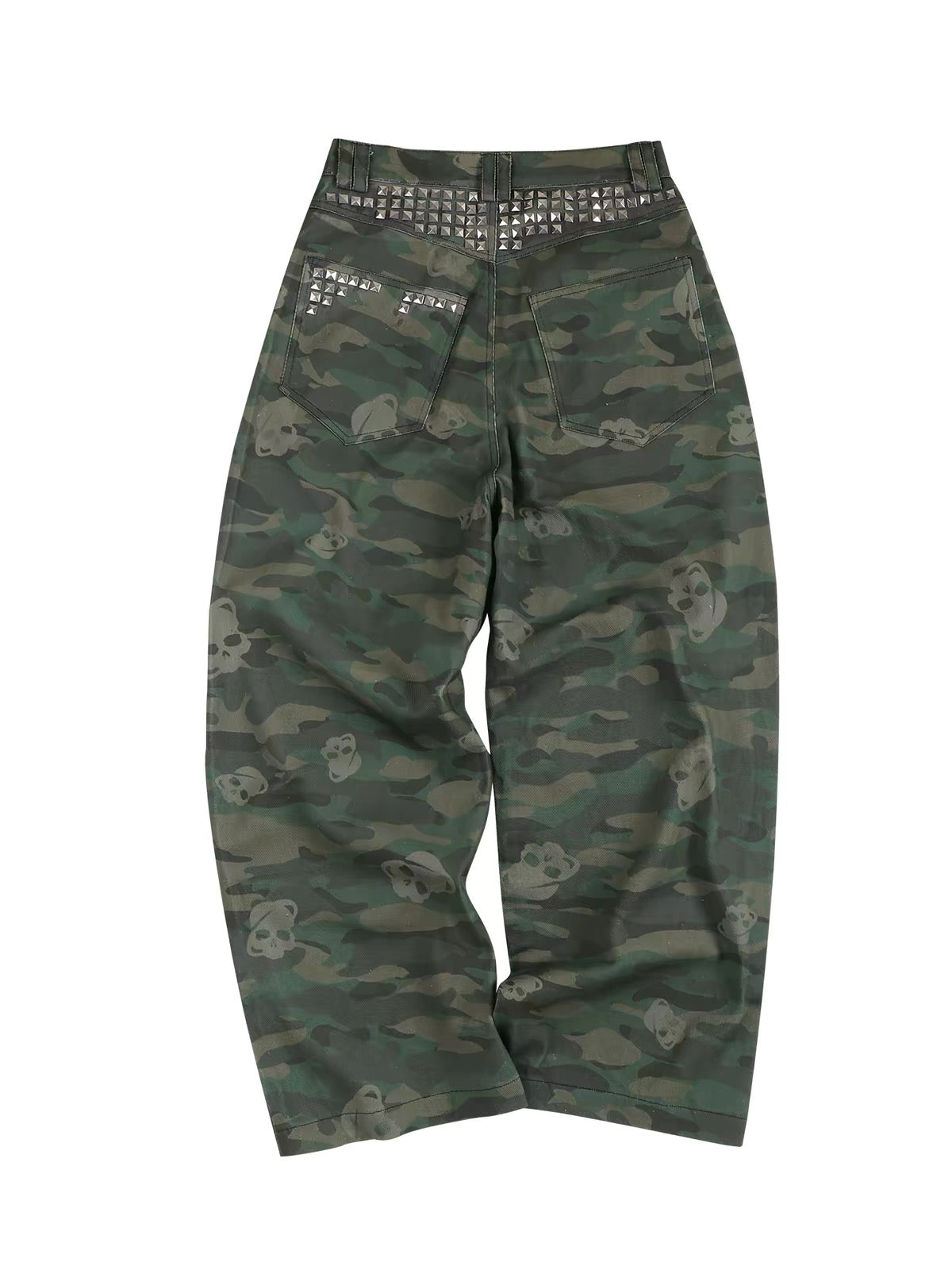 Night Lab Retro Camouflage Wide-Leg Cargo Pants - Studded Skull Detail Baggy Sweats