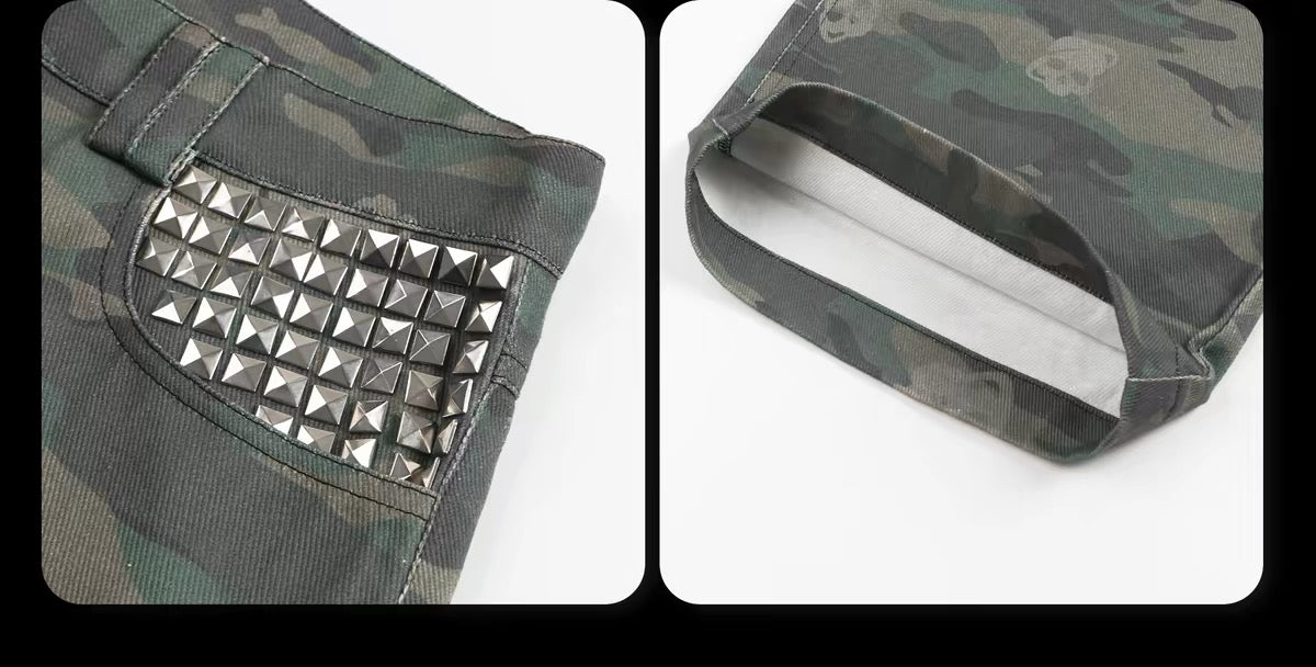 Night Lab Retro Camouflage Wide-Leg Cargo Pants - Studded Skull Detail Baggy Sweats