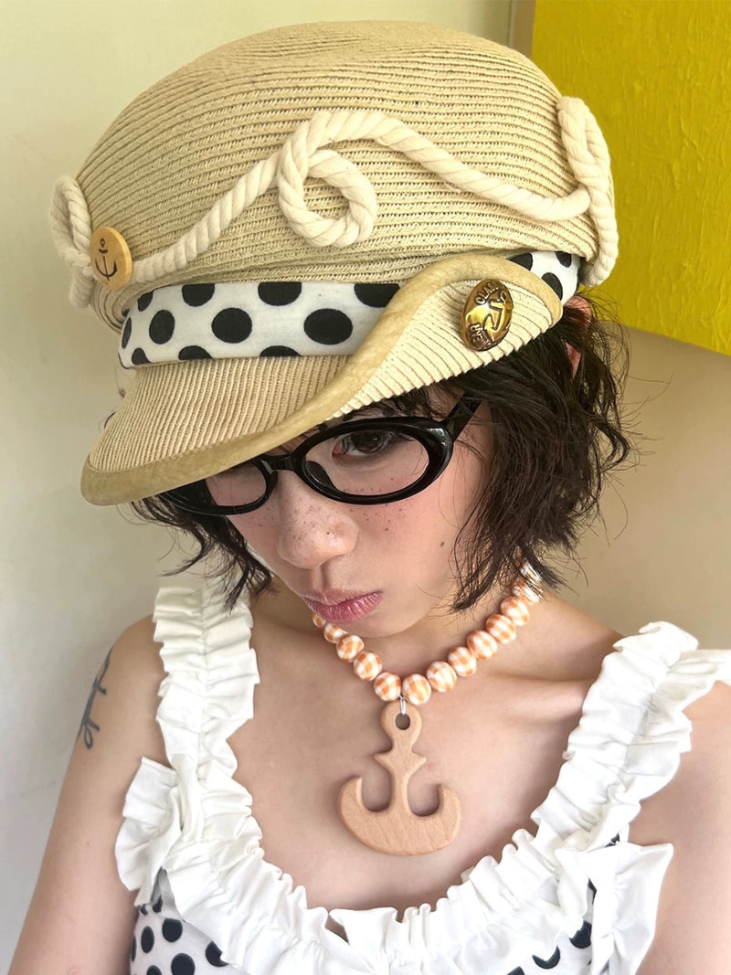 Polka Dot Rope Trim Straw Hat - front