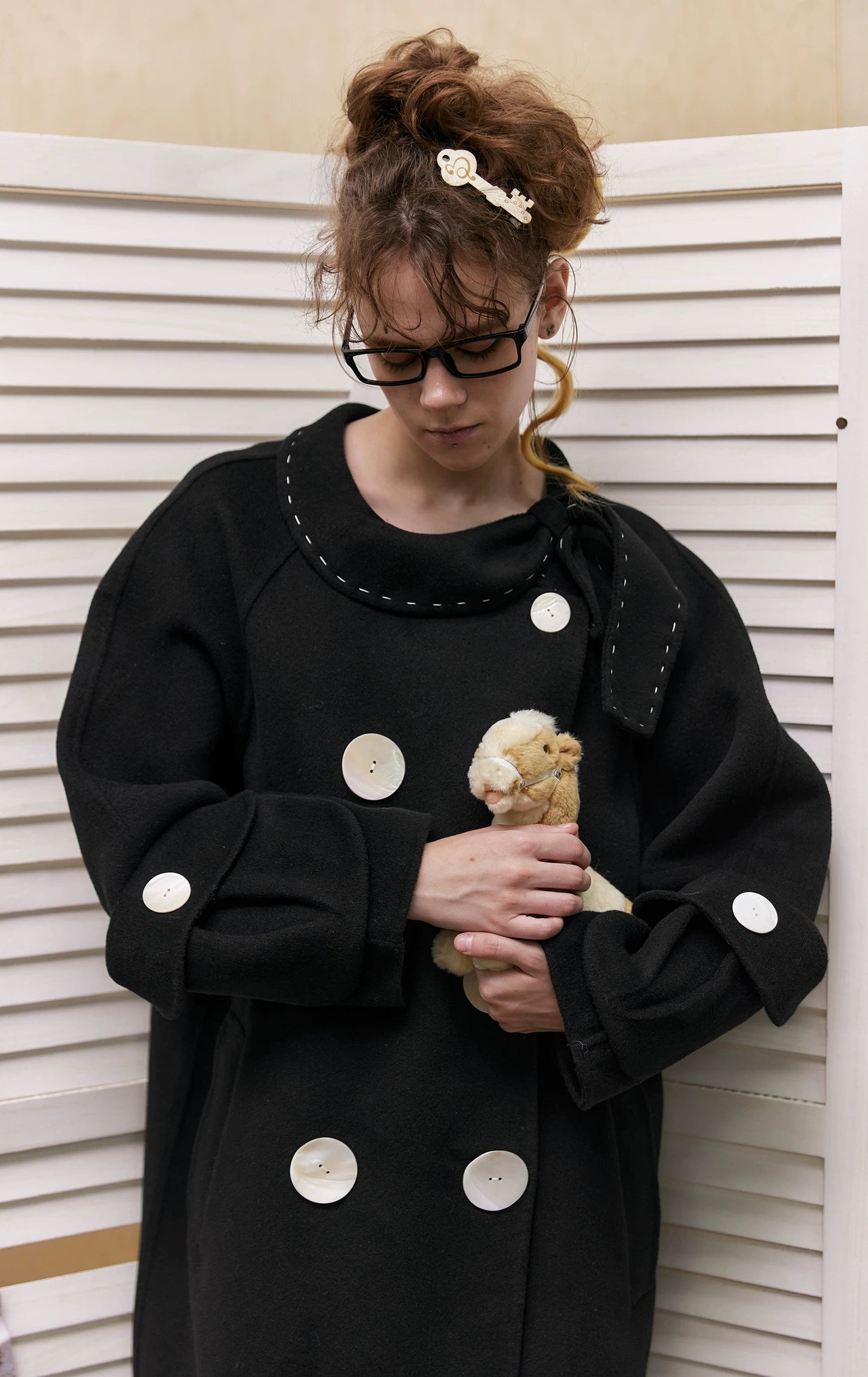 Handcrafted Wool Oversized Coat with Shell Buttons