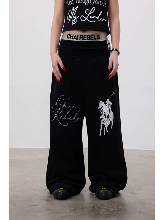 Black Reversible Horse Embroidery Baggy Sweatpants