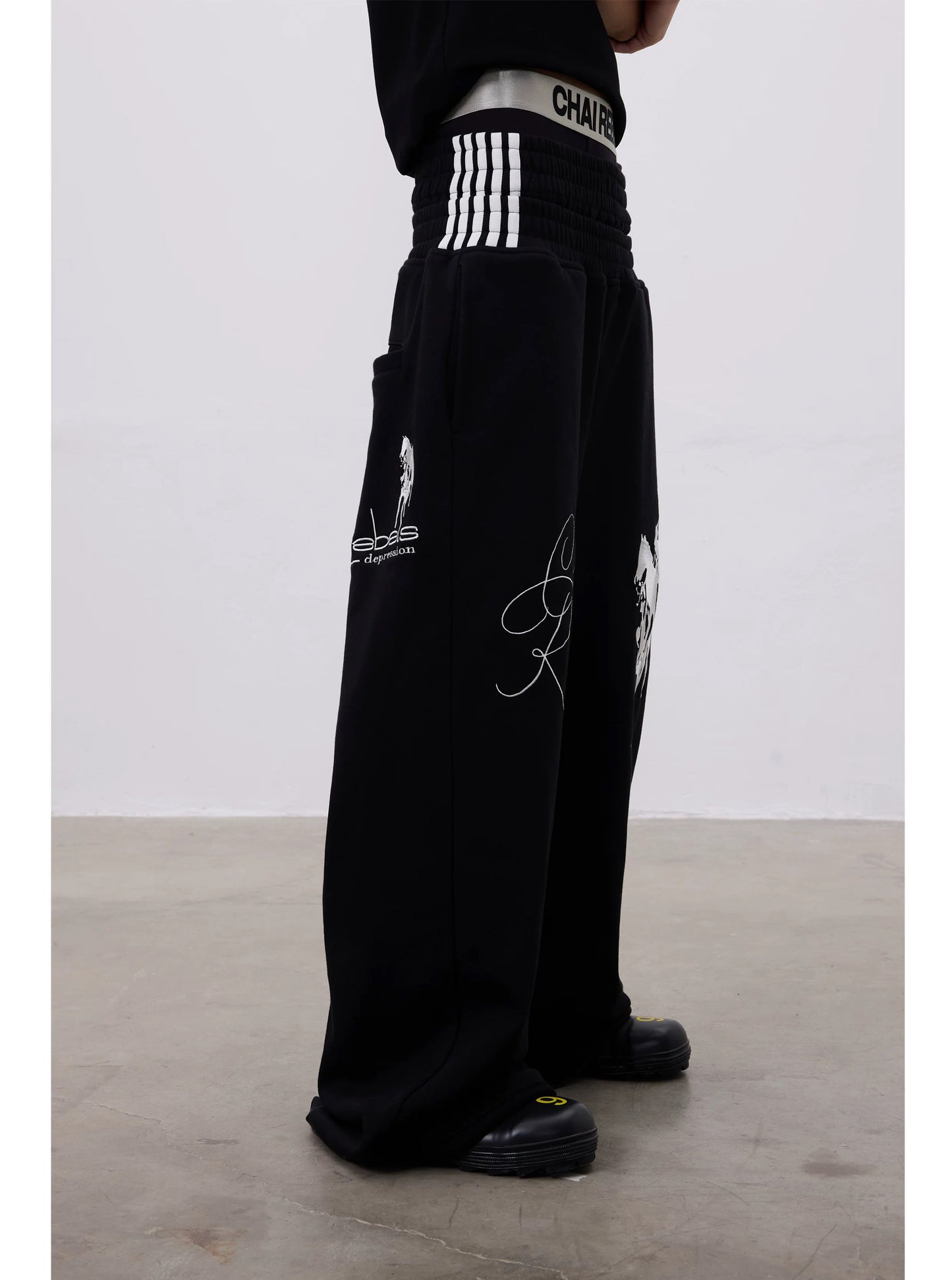Black Reversible Horse Embroidery Baggy Sweatpants