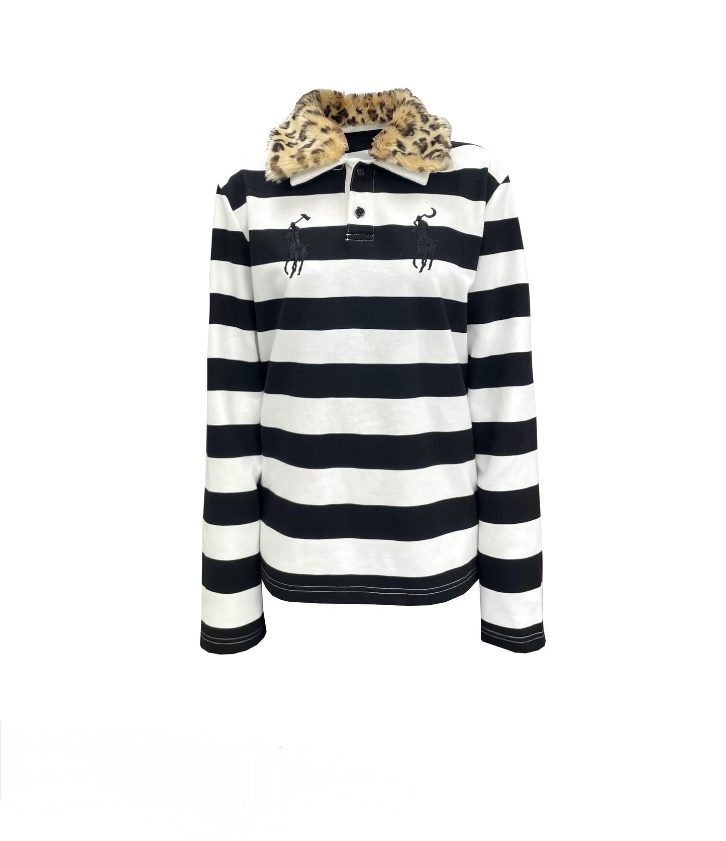 取り外し可能なヒョウ柄の襟付き刺繍コットンポロ