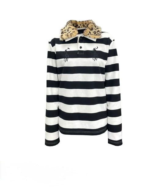 取り外し可能なヒョウ柄の襟付き刺繍コットンポロ