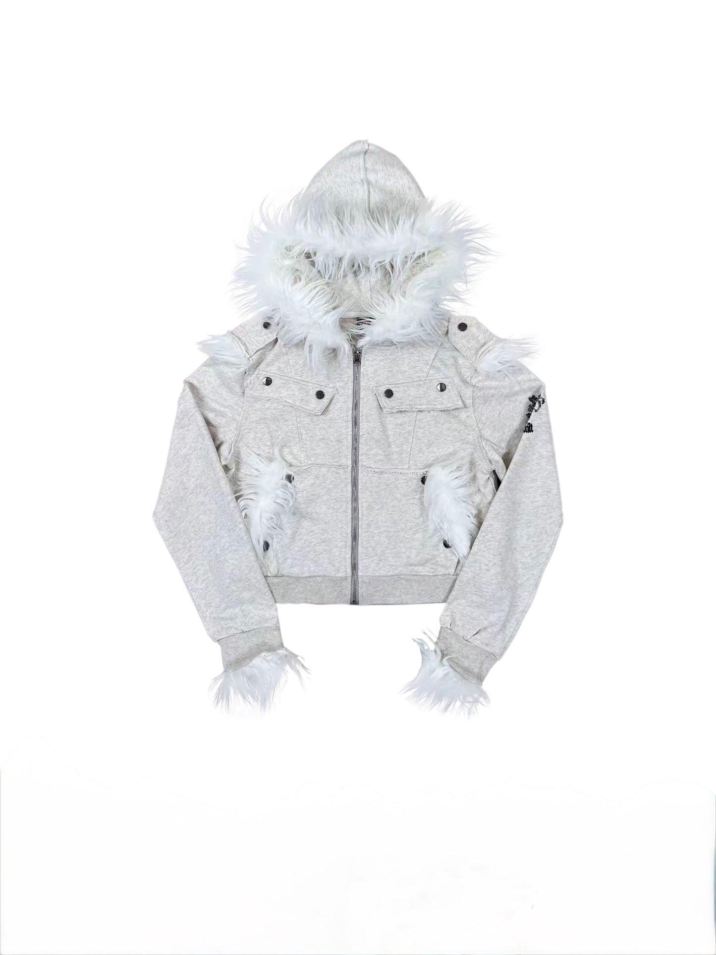 Crest Print Frayed Patchwork Fur Collar Jacket