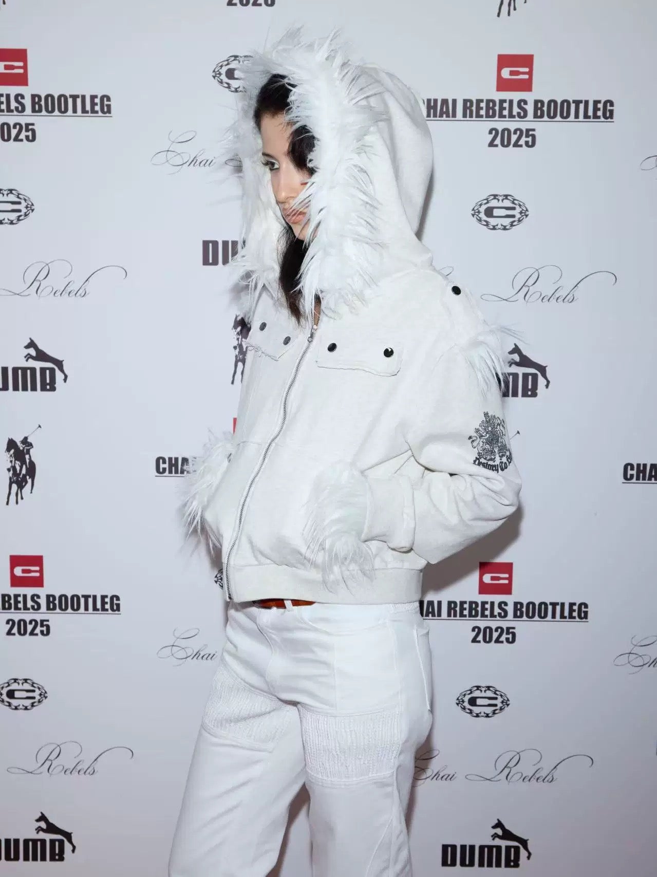 Crest Print Frayed Patchwork Fur Collar Jacket