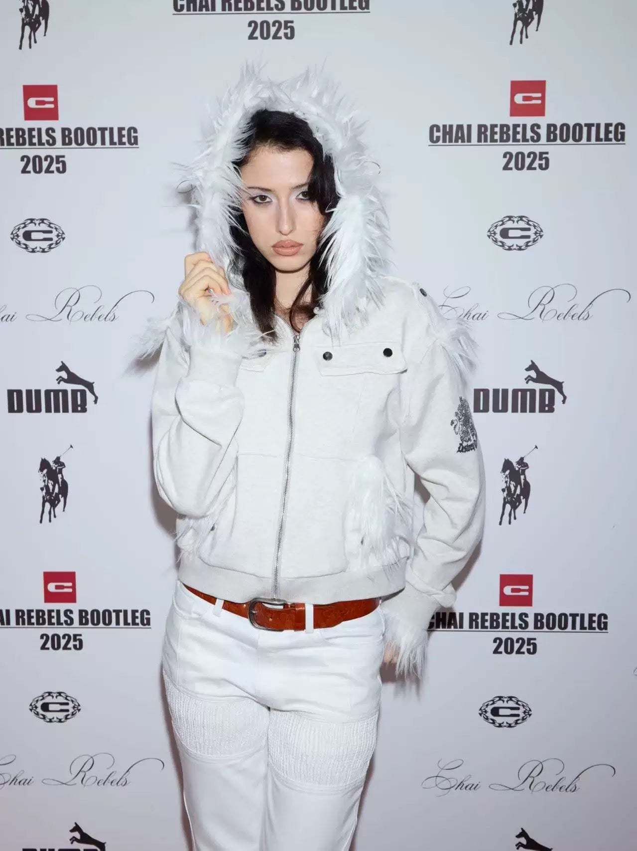 Crest Print Frayed Patchwork Fur Collar Jacket