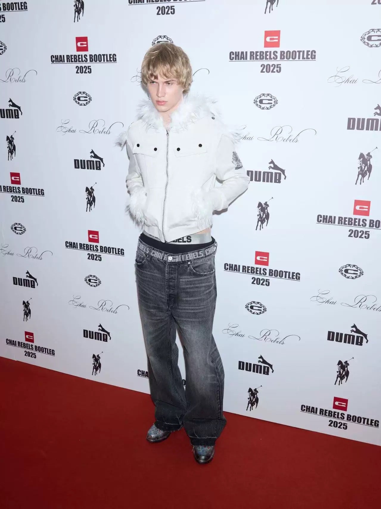 Crest Print Frayed Patchwork Fur Collar Jacket