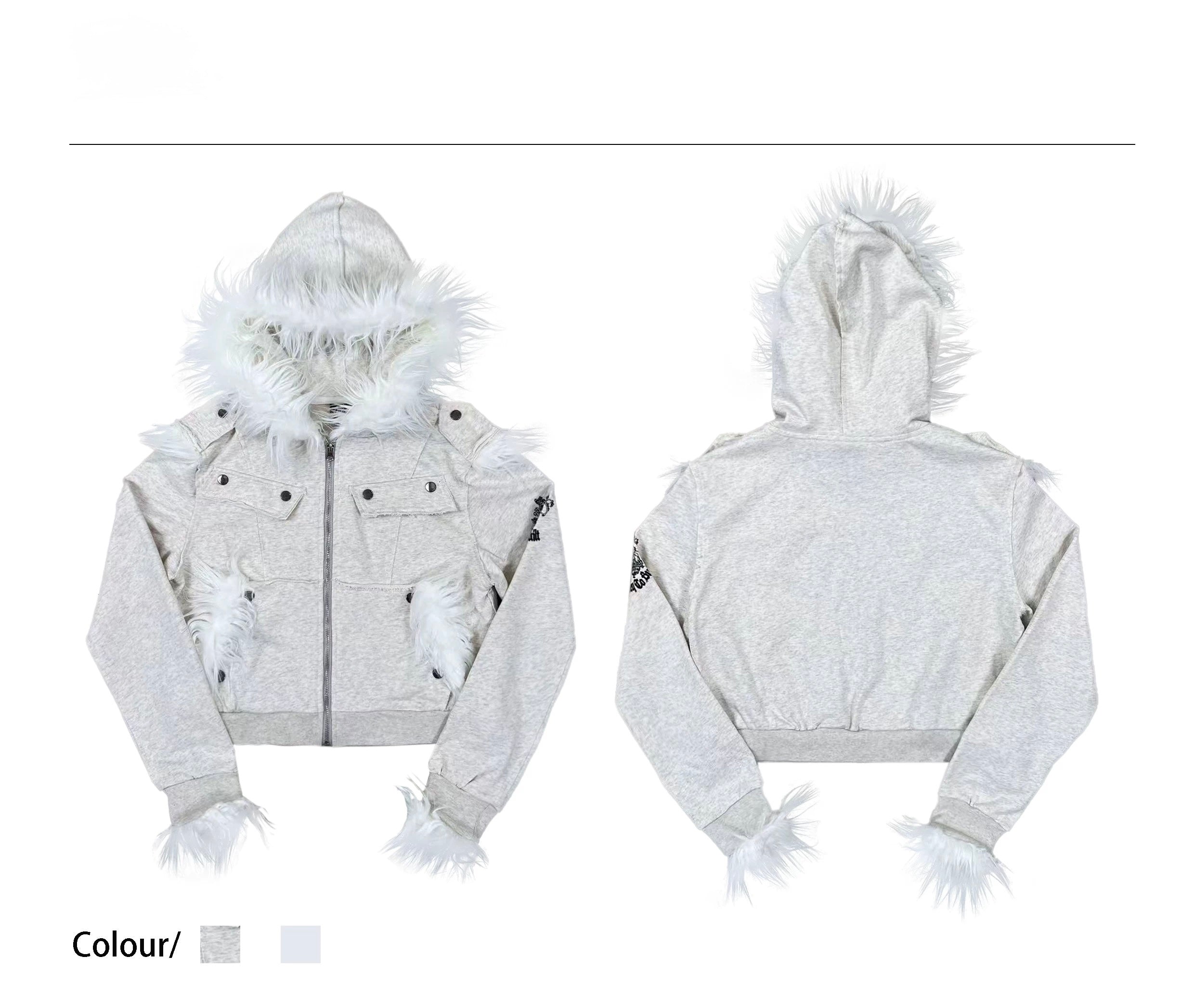 クレストプリント フレイズドパッチワーク ファーカラージャケット