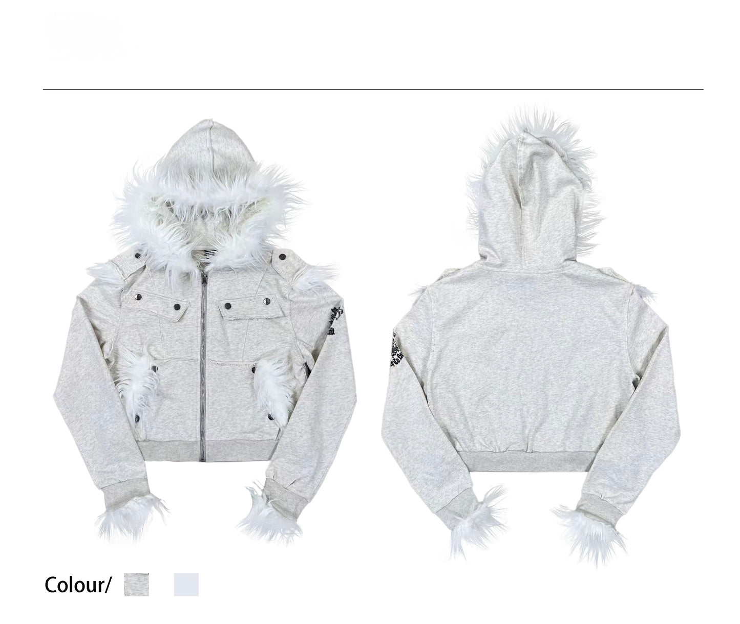 Crest Print Frayed Patchwork Fur Collar Jacket