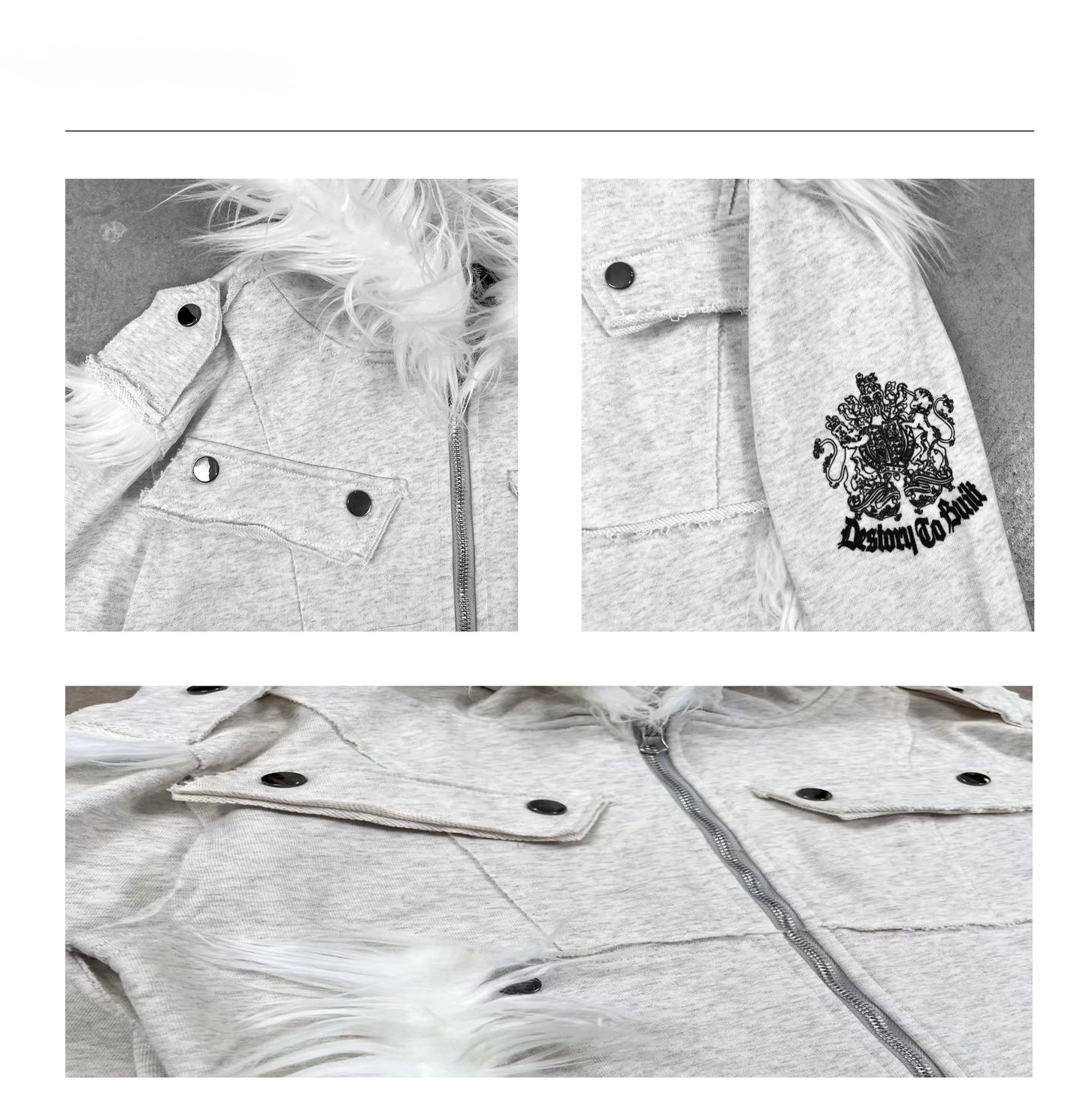 Crest Print Frayed Patchwork Fur Collar Jacket
