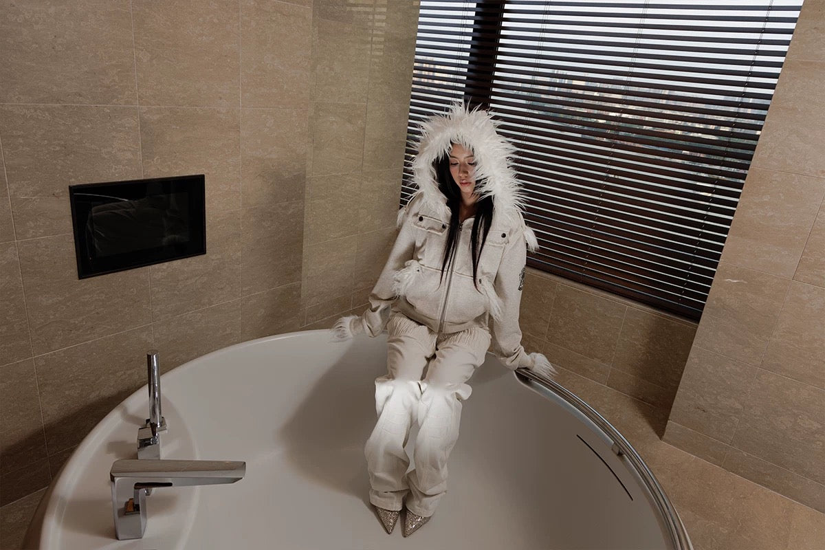 Crest Print Frayed Patchwork Fur Collar Jacket