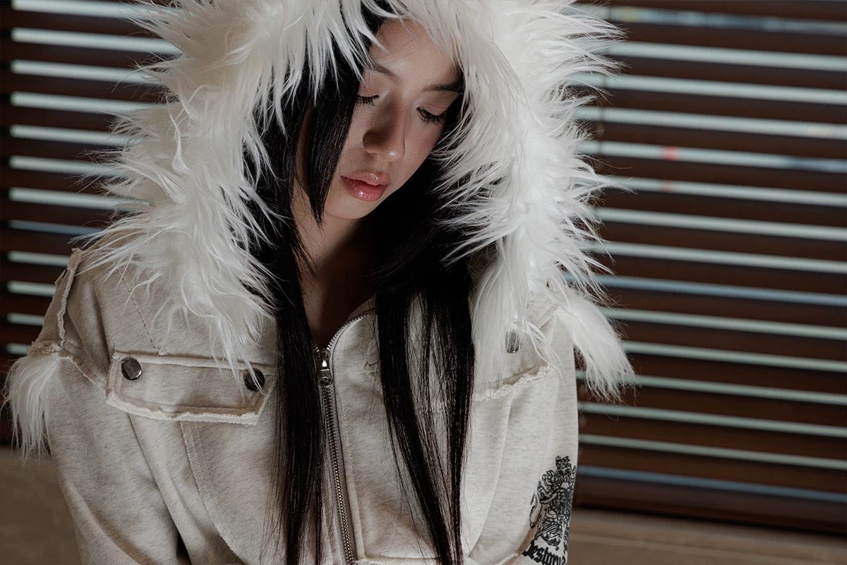 Crest Print Frayed Patchwork Fur Collar Jacket