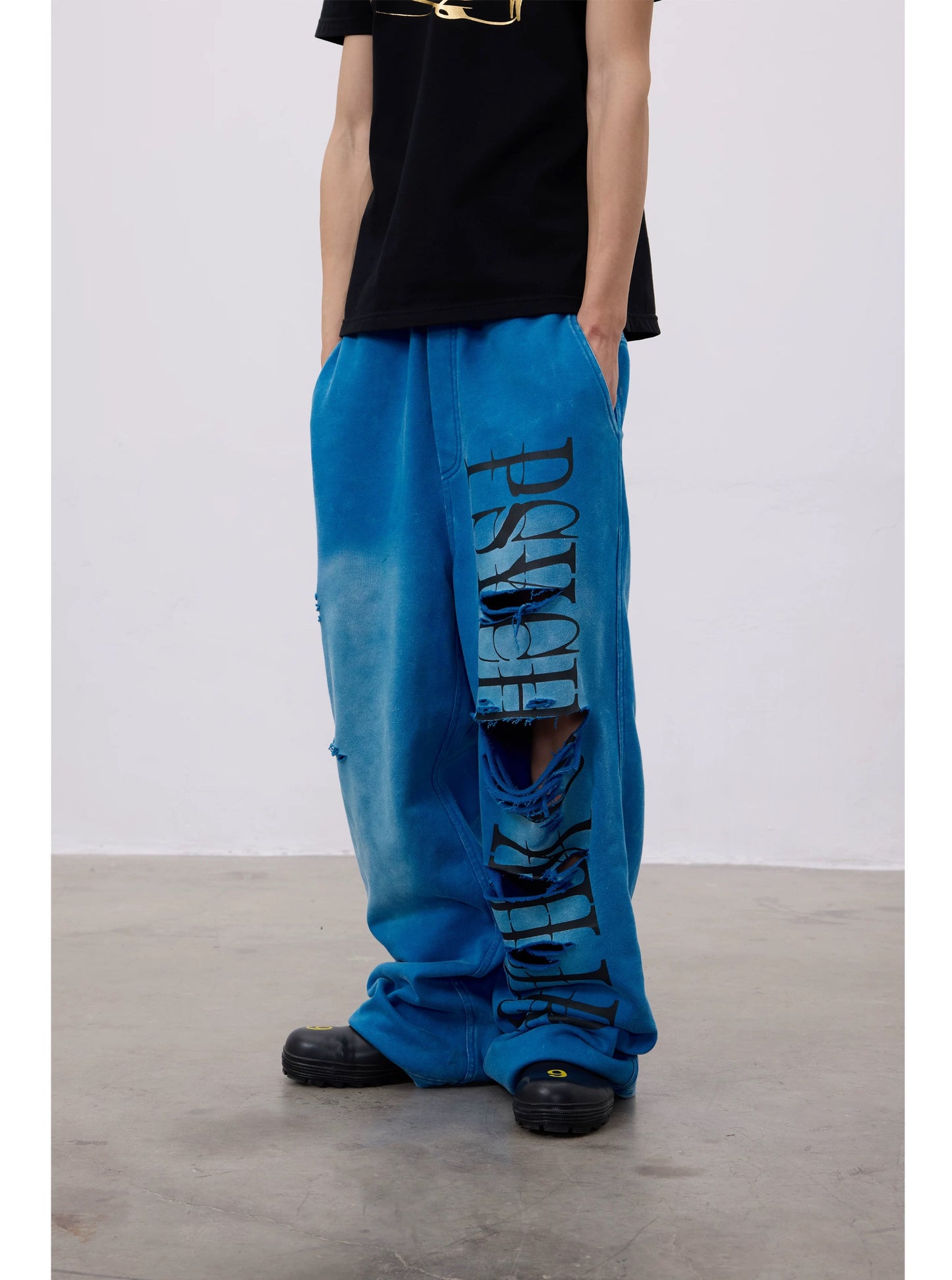 PSYCHOKILLER Washed Blue Distressed Sweatpants