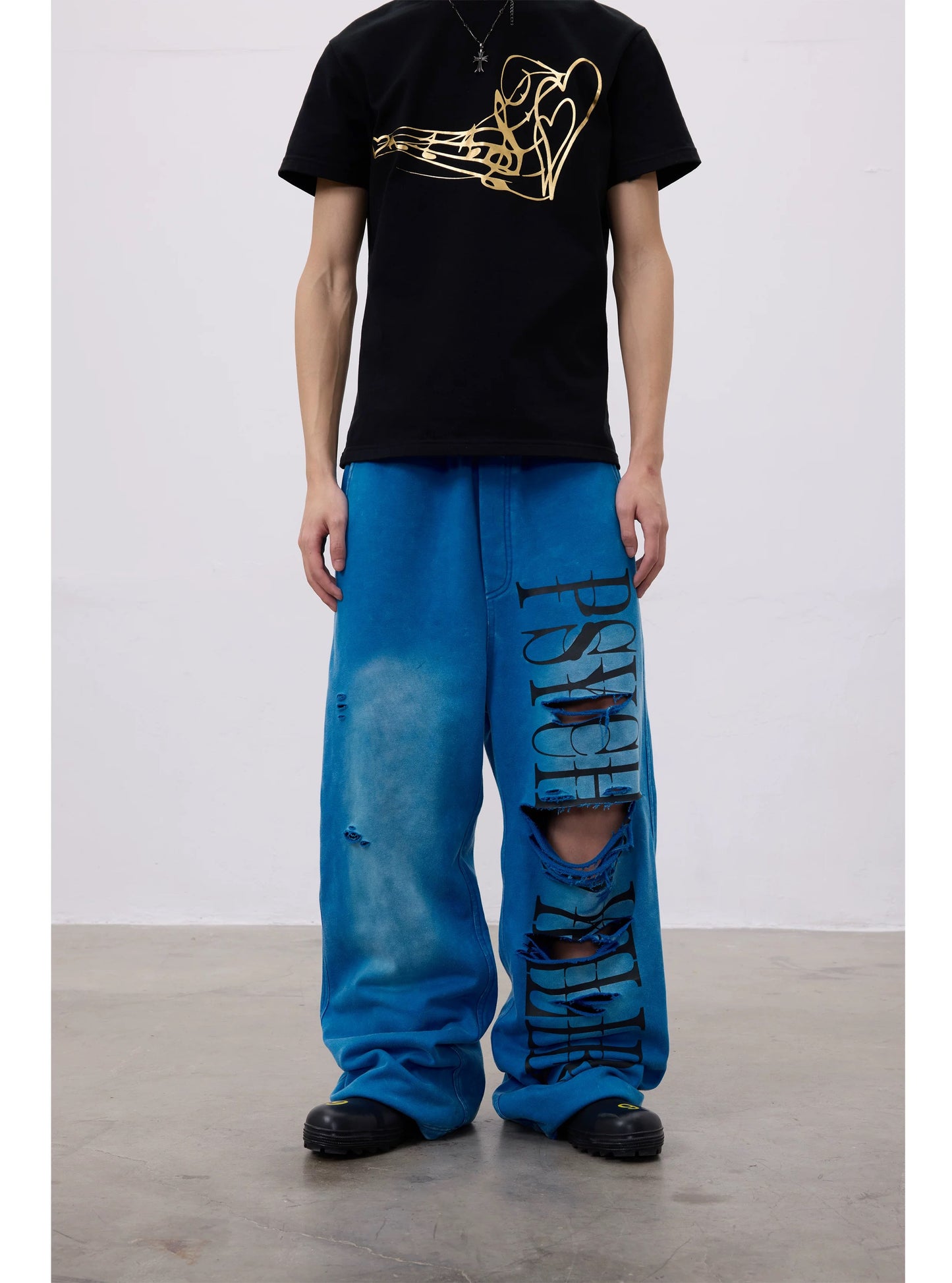 PSYCHOKILLER Washed Blue Distressed Sweatpants
